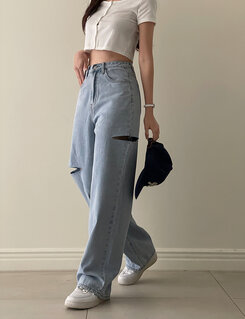 デニム 【SHORT/BASIC/LONG 丈別】カットデニムパンツ LIGHT BLUE
