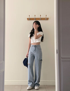 デニム 【SHORT/BASIC/LONG 丈別】カットデニムパンツ LIGHT BLUE