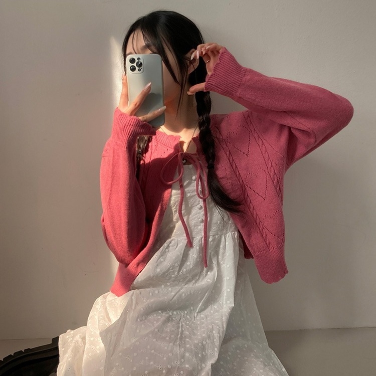데일리한 무드 썸모어 러블리 펀칭 리본 크롭 니트 가디건 핑크