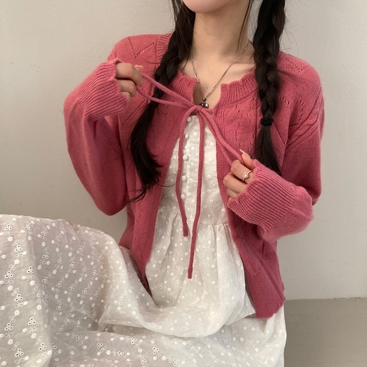 데일리한 무드 썸모어 러블리 펀칭 리본 크롭 니트 가디건 핑크