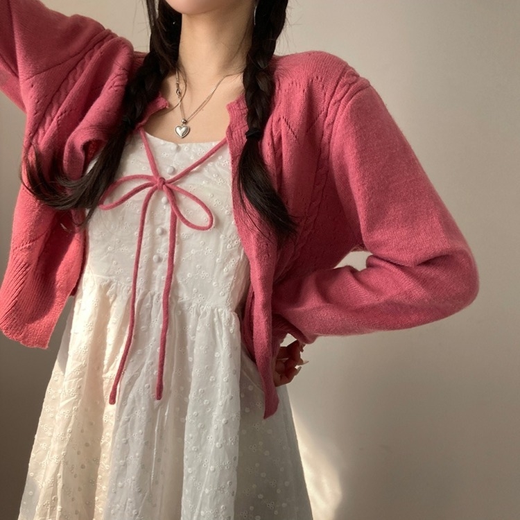 데일리한 무드 썸모어 러블리 펀칭 리본 크롭 니트 가디건 핑크