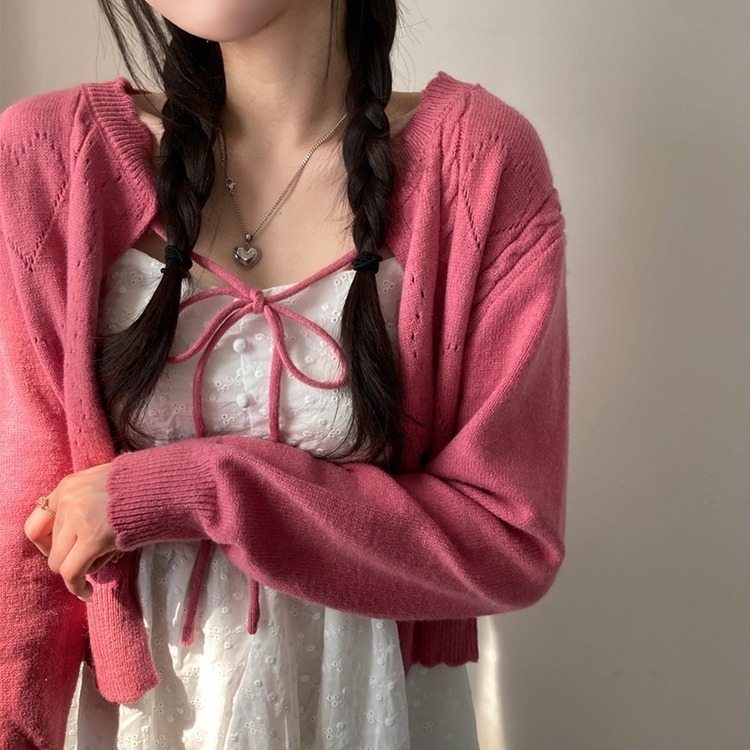 데일리한 무드 썸모어 러블리 펀칭 리본 크롭 니트 가디건 핑크