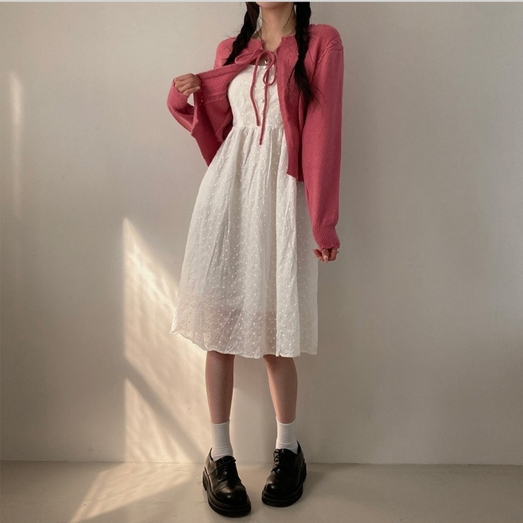 데일리한 무드 썸모어 러블리 펀칭 리본 크롭 니트 가디건 핑크