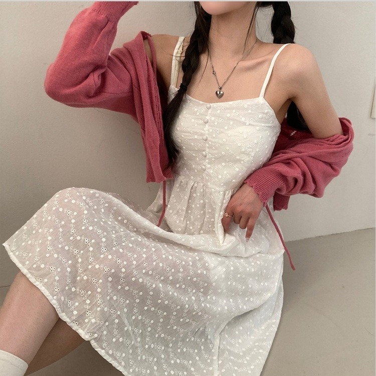 데일리한 무드 썸모어 러블리 펀칭 리본 크롭 니트 가디건 핑크