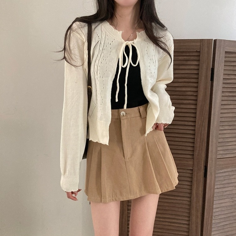 데일리한 무드 썸모어 러블리 펀칭 리본 크롭 니트 가디건 화이트