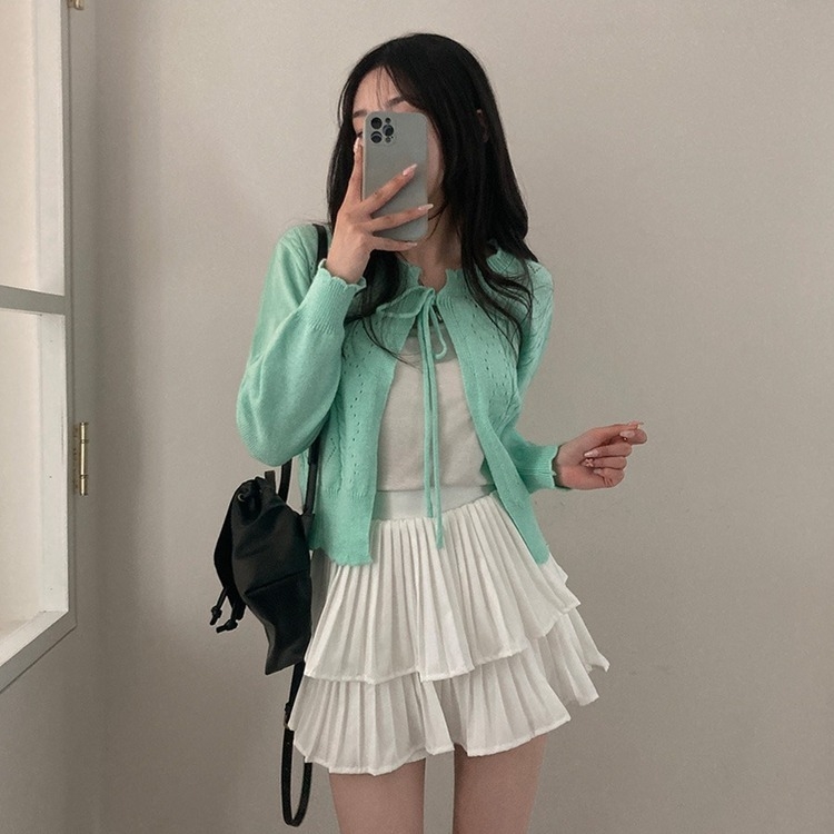 데일리한 무드 썸모어 러블리 펀칭 리본 크롭 니트 가디건 민트