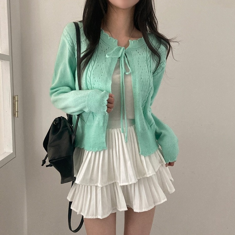 데일리한 무드 썸모어 러블리 펀칭 리본 크롭 니트 가디건 민트