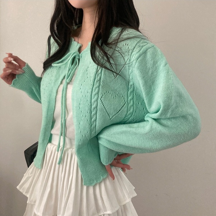 데일리한 무드 썸모어 러블리 펀칭 리본 크롭 니트 가디건 민트