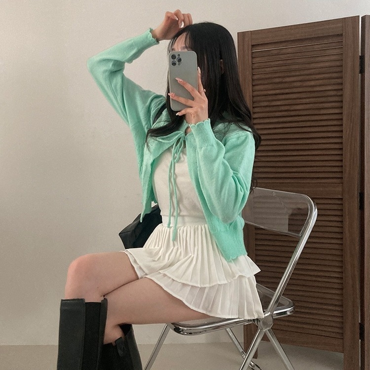 데일리한 무드 썸모어 러블리 펀칭 리본 크롭 니트 가디건 민트