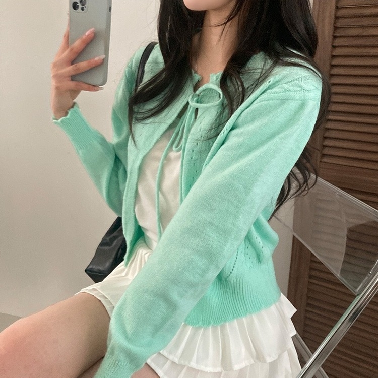 데일리한 무드 썸모어 러블리 펀칭 리본 크롭 니트 가디건 민트