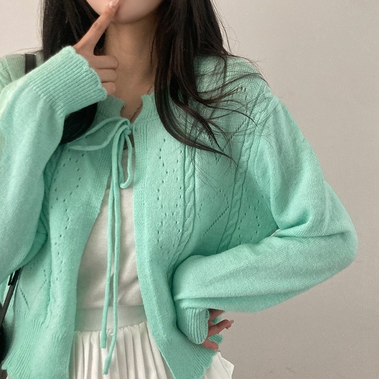 데일리한 무드 썸모어 러블리 펀칭 리본 크롭 니트 가디건 민트