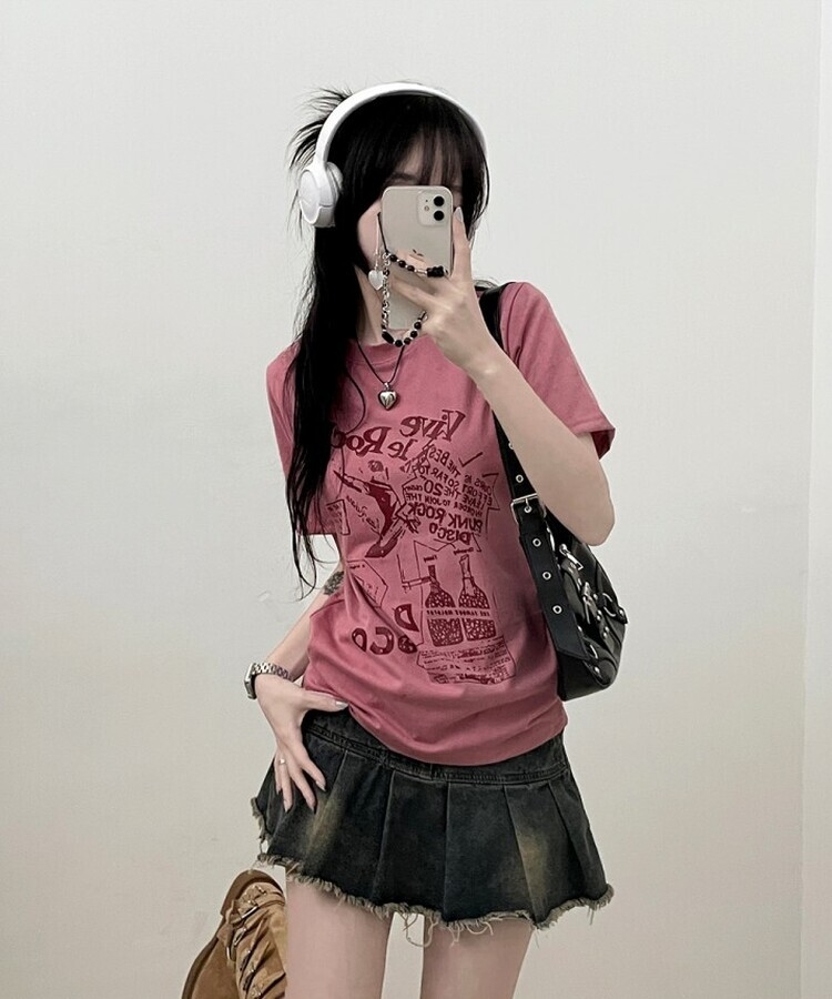 바이브락레터링프린팅반팔티 핑크