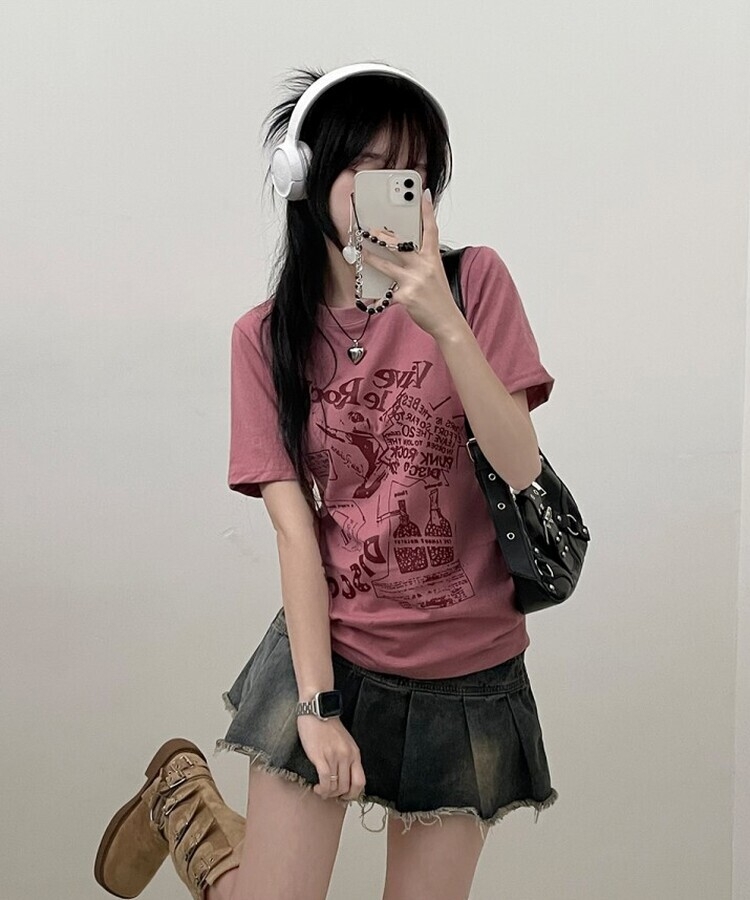 바이브락레터링프린팅반팔티 핑크