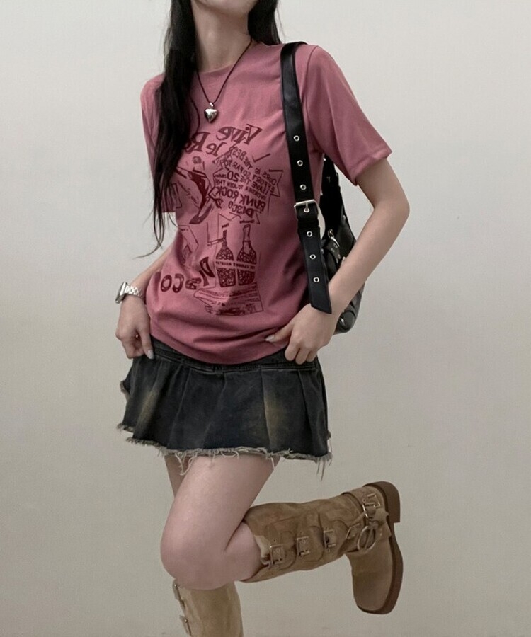 바이브락레터링프린팅반팔티 핑크