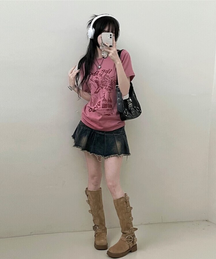 바이브락레터링프린팅반팔티 핑크