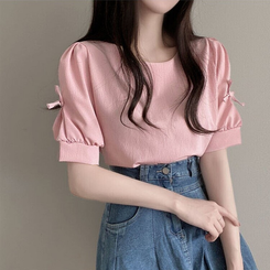 ブラウス リボンパフラウンド半袖ブラウス PINK