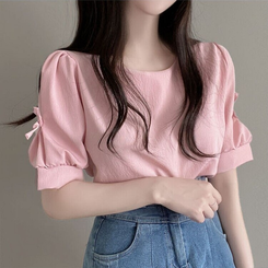 ブラウス リボンパフラウンド半袖ブラウス PINK