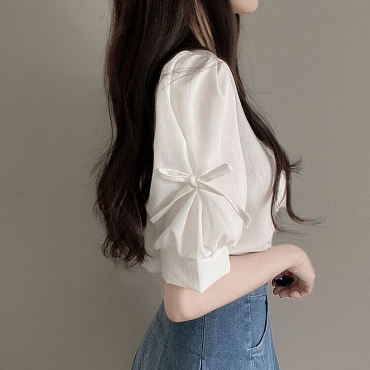 リボンパフラウンド半袖ブラウス IVORY