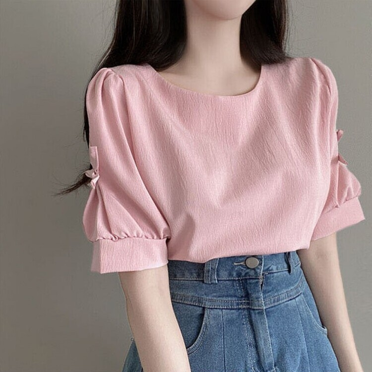 リボンパフラウンド半袖ブラウス PINK