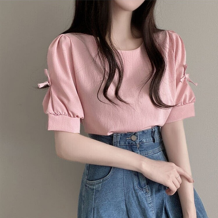 リボンパフラウンド半袖ブラウス PINK