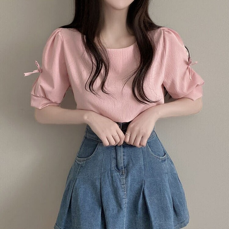 リボンパフラウンド半袖ブラウス PINK
