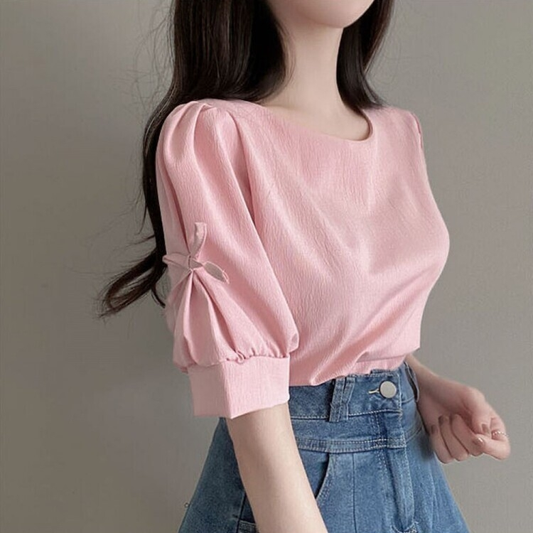 リボンパフラウンド半袖ブラウス PINK