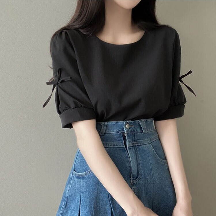 リボンパフラウンド半袖ブラウス BLACK