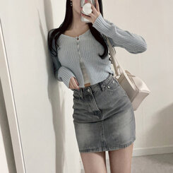 ミニスカート 【SHORT/LONG 丈別】ビンテージウォッシングデニムスカート GRAY