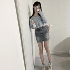 ミニスカート 【SHORT/LONG 丈別】ビンテージウォッシングデニムスカート GRAY