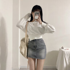 ミニスカート 【SHORT/LONG 丈別】ビンテージウォッシングデニムスカート GRAY