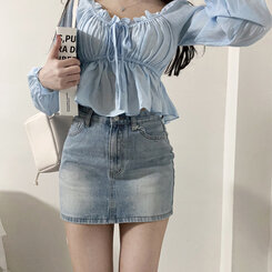 ミニスカート 【SHORT/LONG 丈別】ビンテージウォッシングデニムスカート BLUE