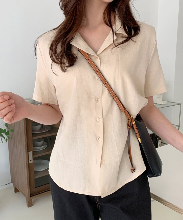 リネンウォッシングオープンカラー半袖シャツ5色 BEIGE