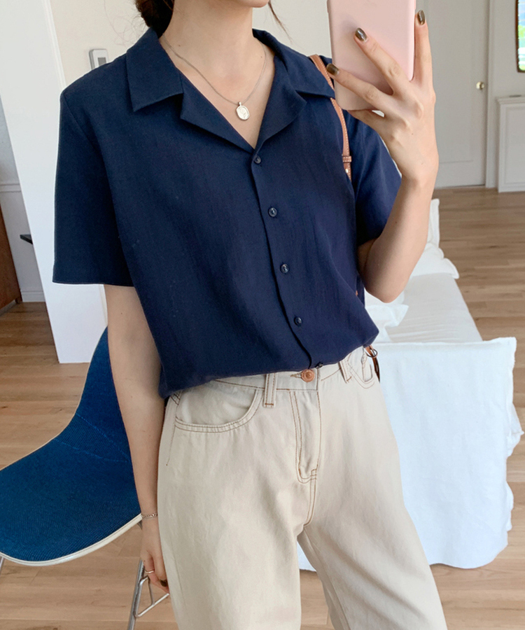 リネンウォッシングオープンカラー半袖シャツ5色 NAVY