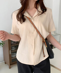 リネンウォッシングオープンカラー半袖シャツ5色 BEIGE