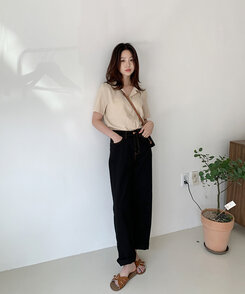 リネンウォッシングオープンカラー半袖シャツ5色 BEIGE