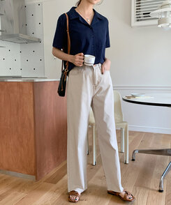 リネンウォッシングオープンカラー半袖シャツ5色 NAVY