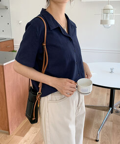 リネンウォッシングオープンカラー半袖シャツ5色 NAVY