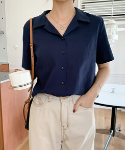 リネンウォッシングオープンカラー半袖シャツ5色 NAVY