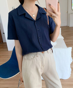 リネンウォッシングオープンカラー半袖シャツ5色 NAVY
