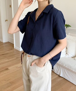 リネンウォッシングオープンカラー半袖シャツ5色 NAVY