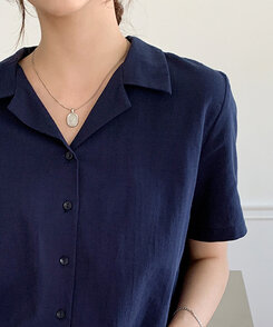 リネンウォッシングオープンカラー半袖シャツ5色 NAVY