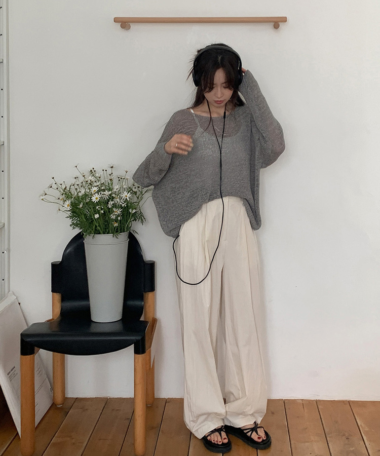 ニット ボートネックシースルー長袖ニット GRAY