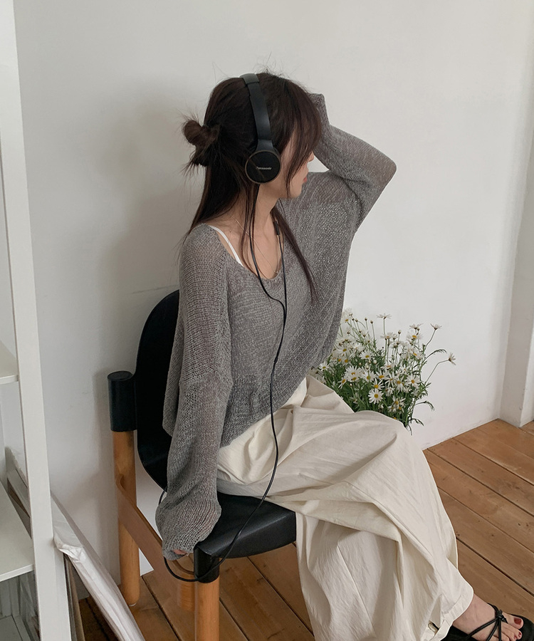ボートネックシースルー長袖ニット GRAY
