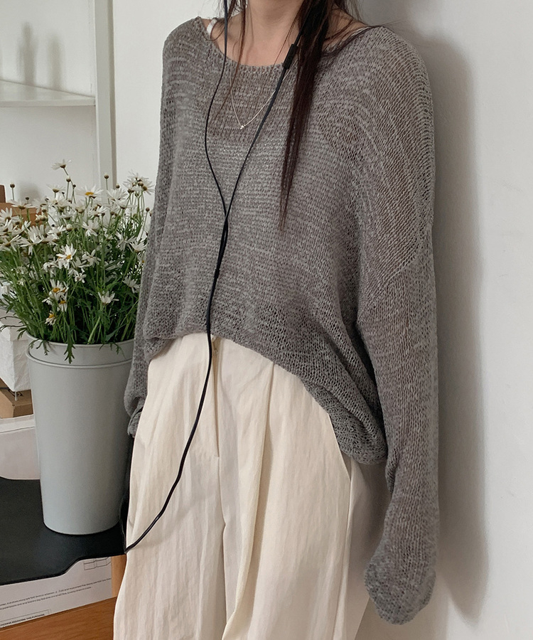 ボートネックシースルー長袖ニット GRAY