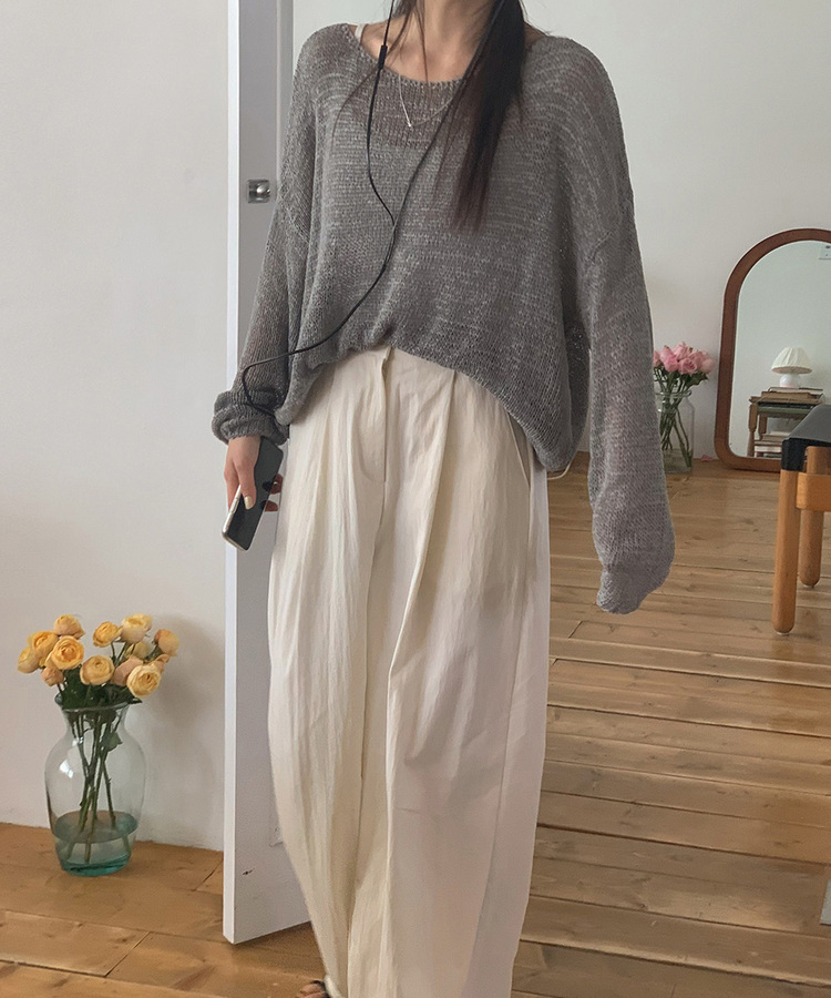 ボートネックシースルー長袖ニット GRAY