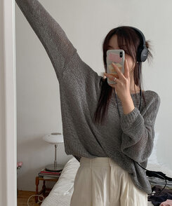 ニット ボートネックシースルー長袖ニット GRAY
