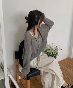 ニット ボートネックシースルー長袖ニット GRAY