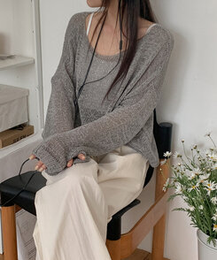 ニット ボートネックシースルー長袖ニット GRAY