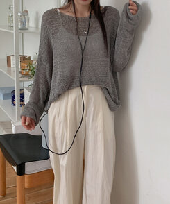 ニット ボートネックシースルー長袖ニット GRAY