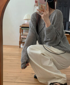 ニット ボートネックシースルー長袖ニット GRAY